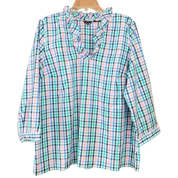 Talbots Tops - Talbots Ruffle Neck Popover Tunic Gingham Check Cotton 3/4 Sleeve (Size 16 P)